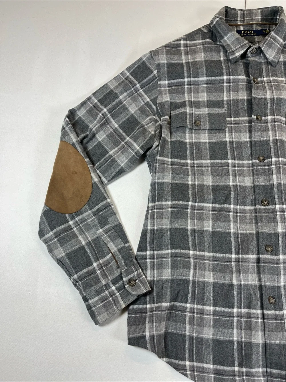Polo Ralph Lauren Flannel Shirt Gray Plaid Elbow Patch Button Up Soft Men’s XL